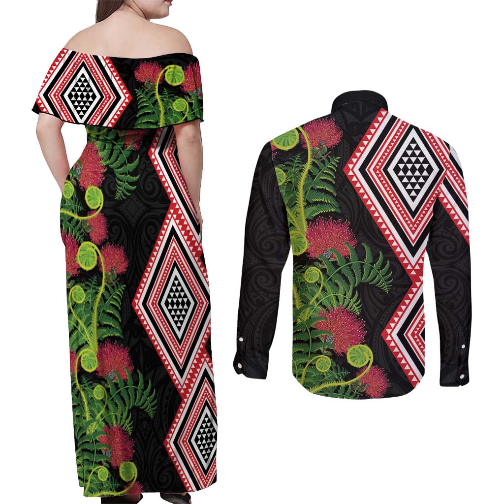 Aotearoa Tukutuku Motif Couples Matching Off Shoulder Maxi Dress and Long Sleeve Button Shirt Pohutukawa and Fern Leaves