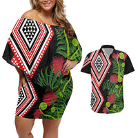 Aotearoa Tukutuku Motif Couples Matching Off Shoulder Short Dress and Hawaiian Shirt Pohutukawa and Fern Leaves
