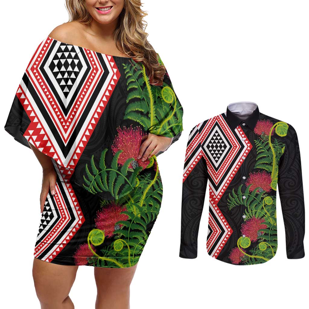 Aotearoa Tukutuku Motif Couples Matching Off Shoulder Short Dress and Long Sleeve Button Shirt Pohutukawa and Fern Leaves