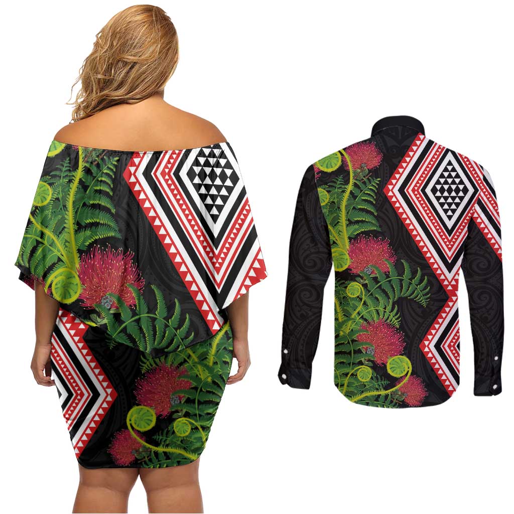 Aotearoa Tukutuku Motif Couples Matching Off Shoulder Short Dress and Long Sleeve Button Shirt Pohutukawa and Fern Leaves