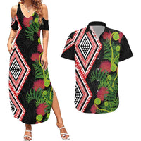 Aotearoa Tukutuku Motif Couples Matching Summer Maxi Dress and Hawaiian Shirt Pohutukawa and Fern Leaves
