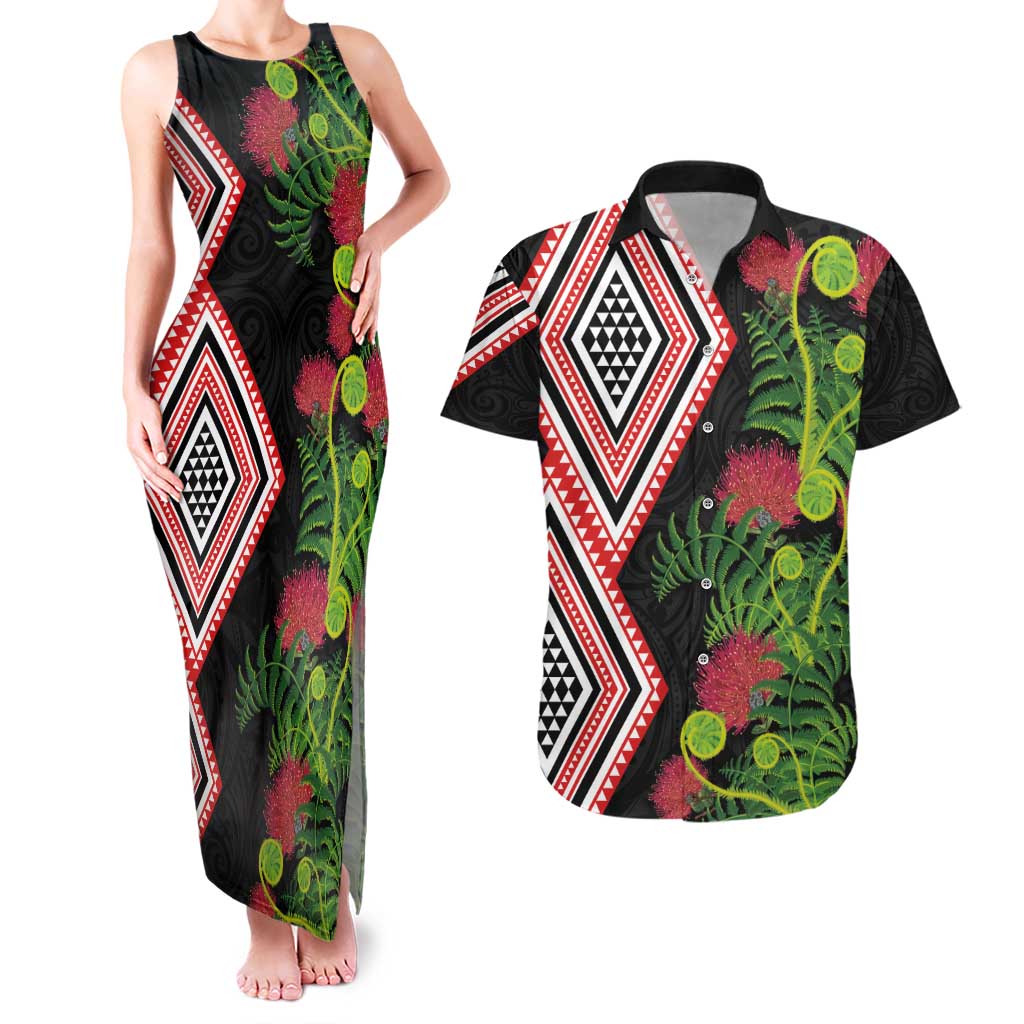 Aotearoa Tukutuku Motif Couples Matching Tank Maxi Dress and Hawaiian Shirt Pohutukawa and Fern Leaves