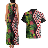 Aotearoa Tukutuku Motif Couples Matching Tank Maxi Dress and Hawaiian Shirt Pohutukawa and Fern Leaves