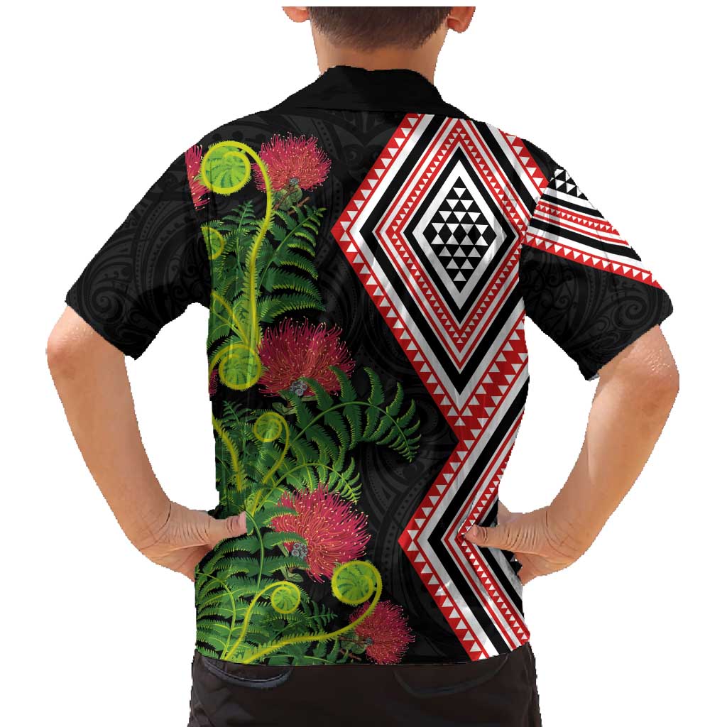 Aotearoa Tukutuku Motif Family Matching Mermaid Dress and Hawaiian Shirt Pohutukawa and Fern Leaves