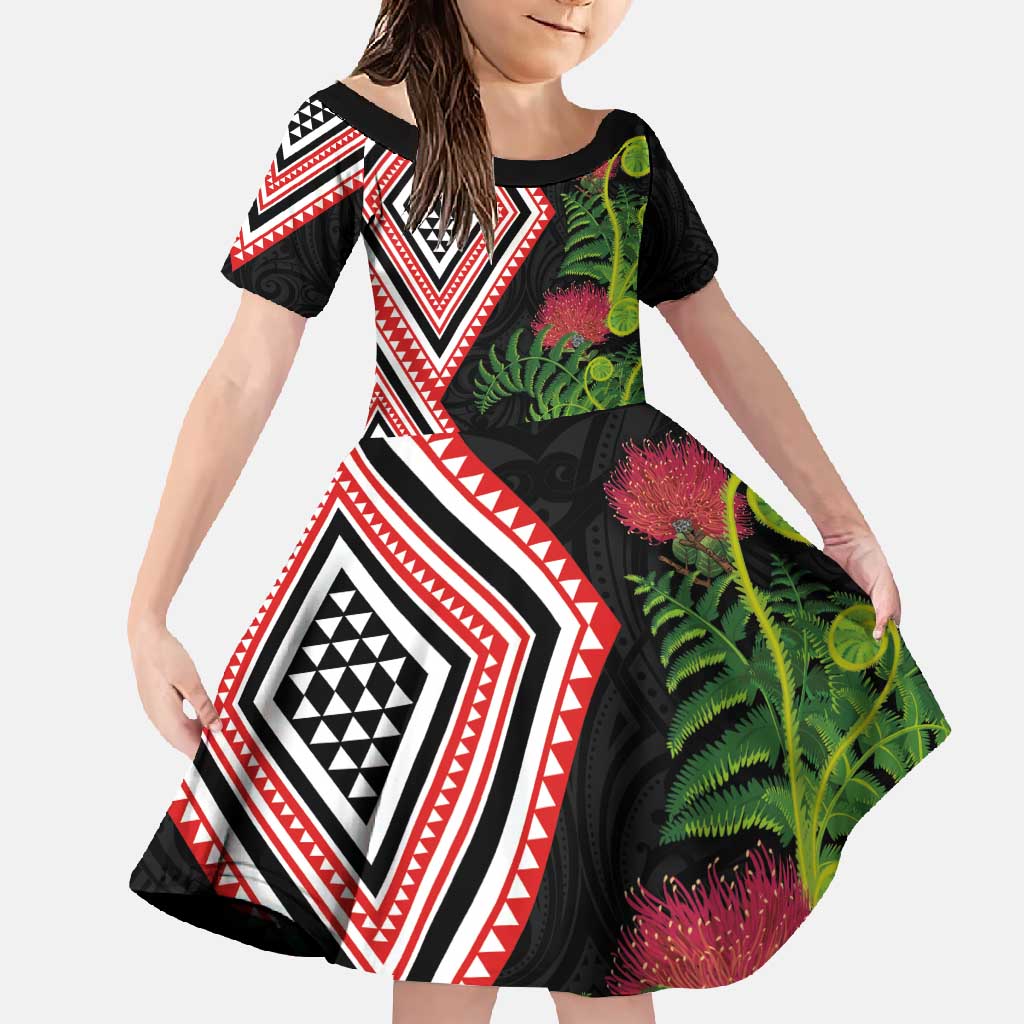 Aotearoa Tukutuku Motif Family Matching Mermaid Dress and Hawaiian Shirt Pohutukawa and Fern Leaves