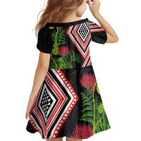 Aotearoa Tukutuku Motif Family Matching Mermaid Dress and Hawaiian Shirt Pohutukawa and Fern Leaves