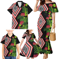 Aotearoa Tukutuku Motif Family Matching Mermaid Dress and Hawaiian Shirt Pohutukawa and Fern Leaves