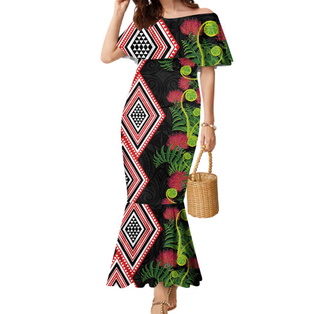 Aotearoa Tukutuku Motif Family Matching Mermaid Dress and Hawaiian Shirt Pohutukawa and Fern Leaves