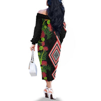 Aotearoa Tukutuku Motif Family Matching Off The Shoulder Long Sleeve Dress and Hawaiian Shirt Pohutukawa and Fern Leaves