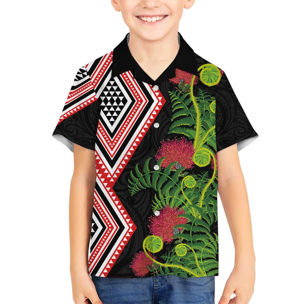 Aotearoa Tukutuku Motif Family Matching Off Shoulder Maxi Dress and Hawaiian Shirt Pohutukawa and Fern Leaves