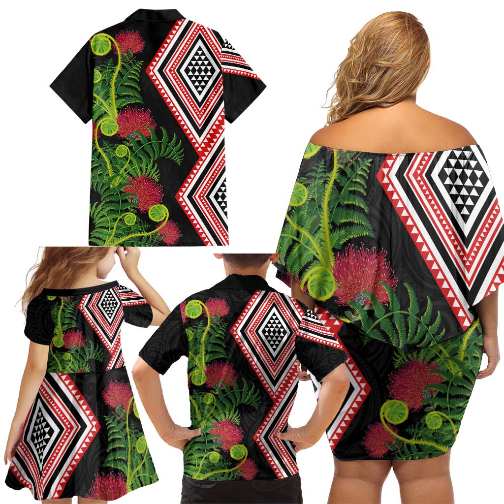 Aotearoa Tukutuku Motif Family Matching Off Shoulder Short Dress and Hawaiian Shirt Pohutukawa and Fern Leaves