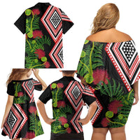 Aotearoa Tukutuku Motif Family Matching Off Shoulder Short Dress and Hawaiian Shirt Pohutukawa and Fern Leaves