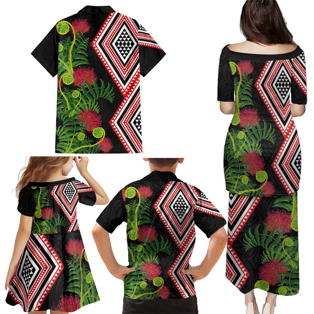 Aotearoa Tukutuku Motif Family Matching Puletasi and Hawaiian Shirt Pohutukawa and Fern Leaves