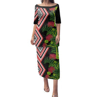 Aotearoa Tukutuku Motif Family Matching Puletasi and Hawaiian Shirt Pohutukawa and Fern Leaves