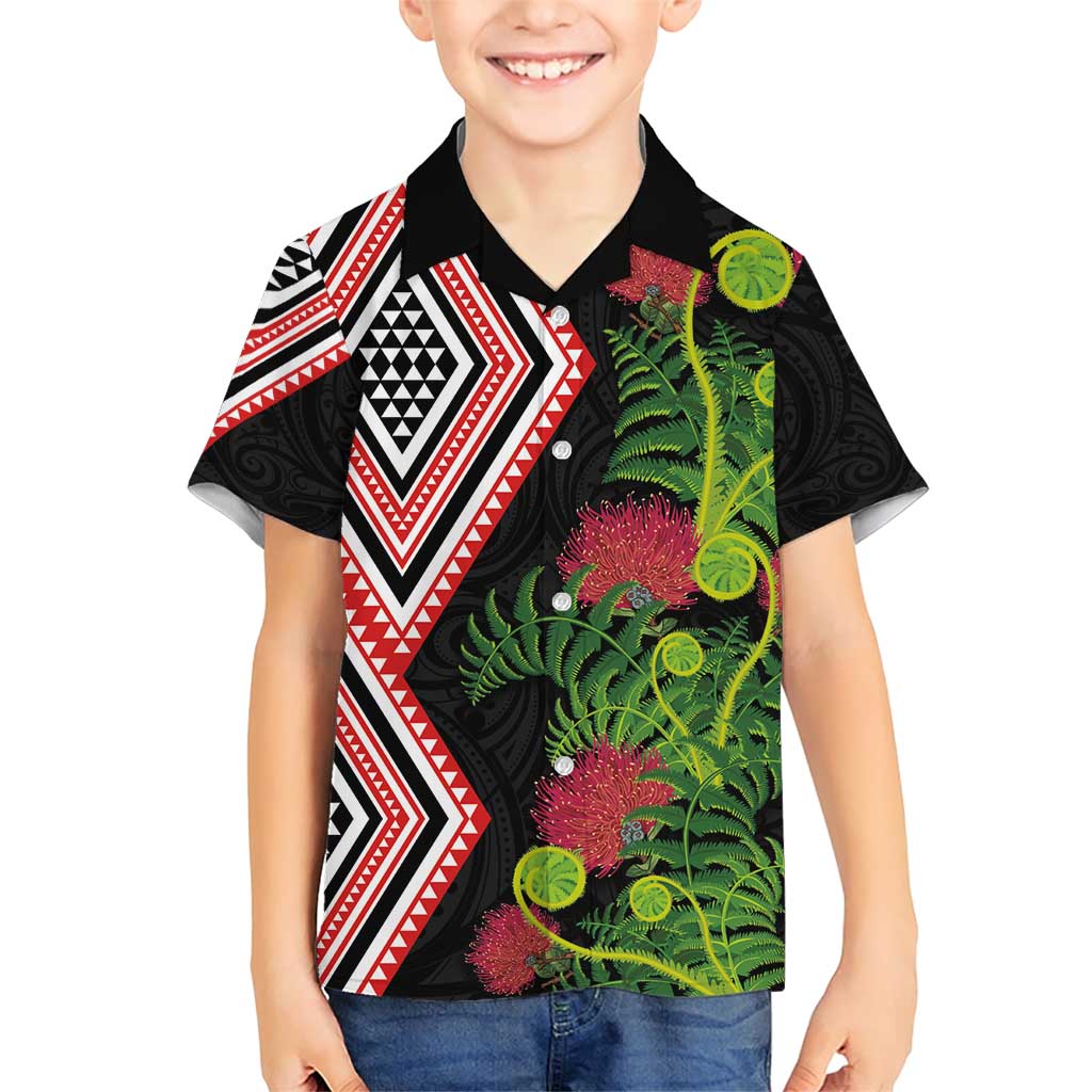 Aotearoa Tukutuku Motif Family Matching Short Sleeve Bodycon Dress and Hawaiian Shirt Pohutukawa and Fern Leaves