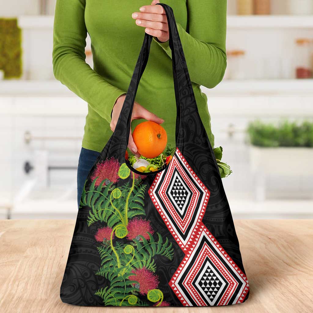 Aotearoa Tukutuku Motif Grocery Bag Pohutukawa and Fern Leaves