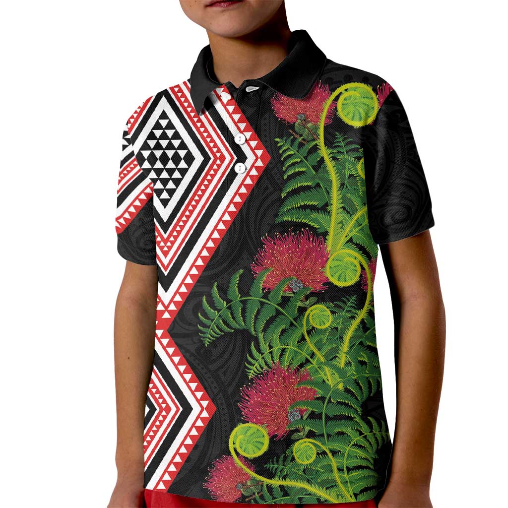 Aotearoa Tukutuku Motif Kid Polo Shirt Pohutukawa and Fern Leaves