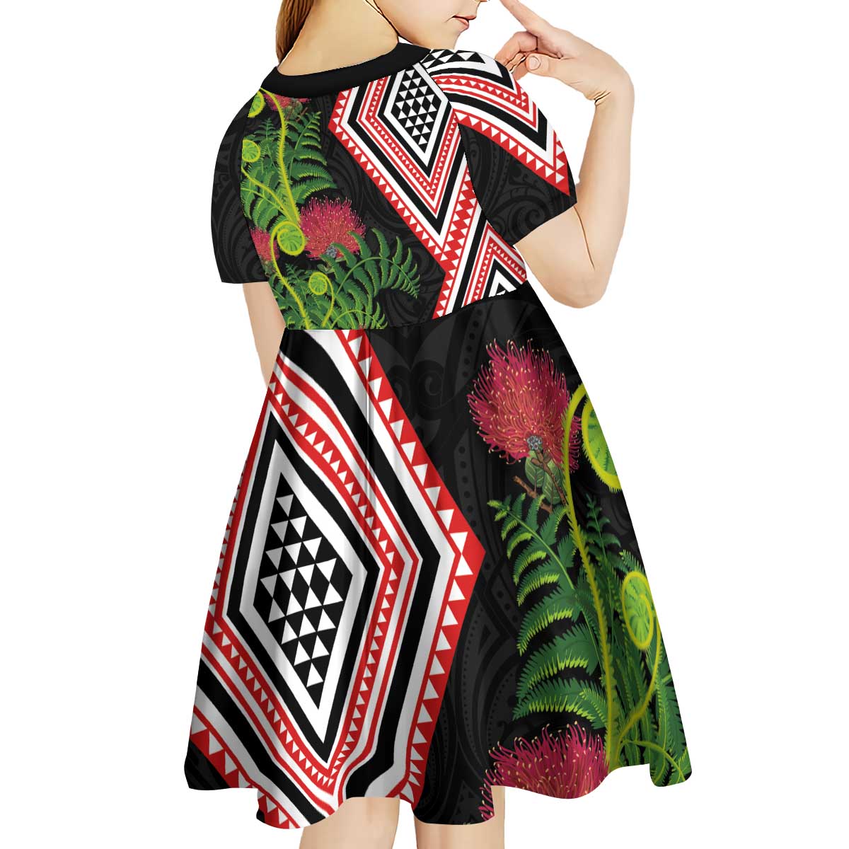Aotearoa Tukutuku Motif Kid Short Sleeve Dress Pohutukawa and Fern Leaves