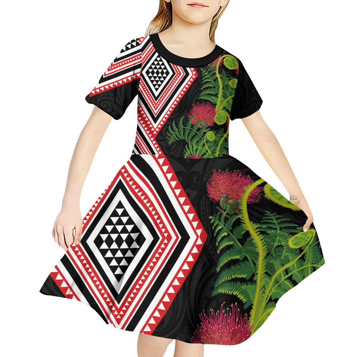 Aotearoa Tukutuku Motif Kid Short Sleeve Dress Pohutukawa and Fern Leaves