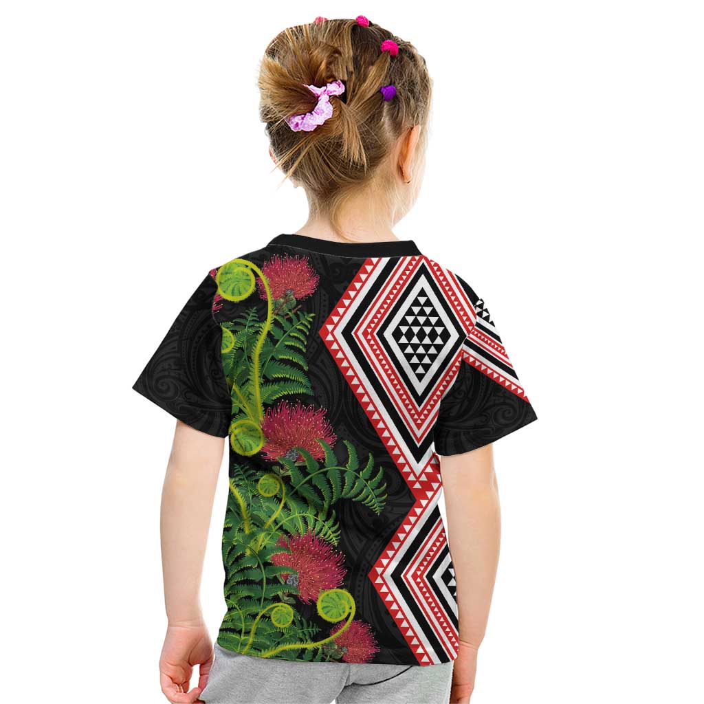 Aotearoa Tukutuku Motif Kid T Shirt Pohutukawa and Fern Leaves