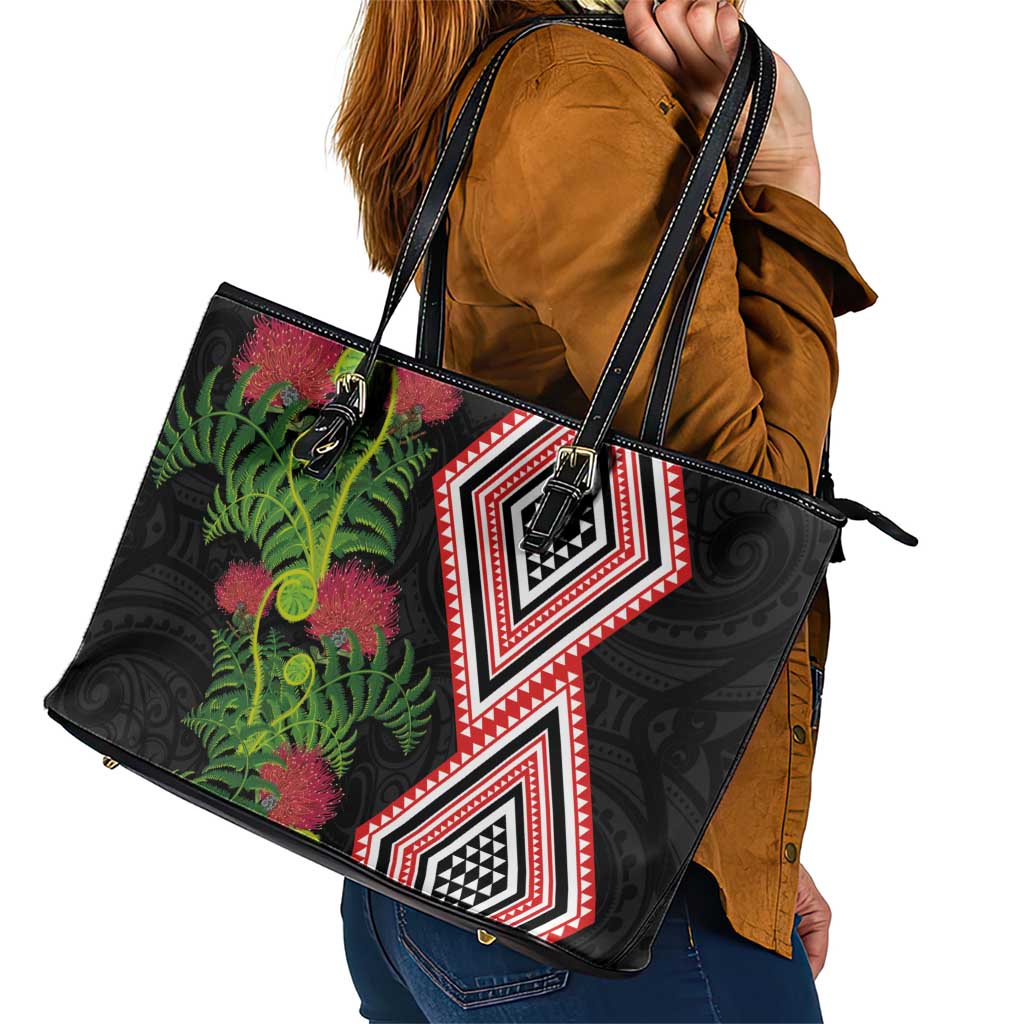 Aotearoa Tukutuku Motif Leather Tote Bag Pohutukawa and Fern Leaves