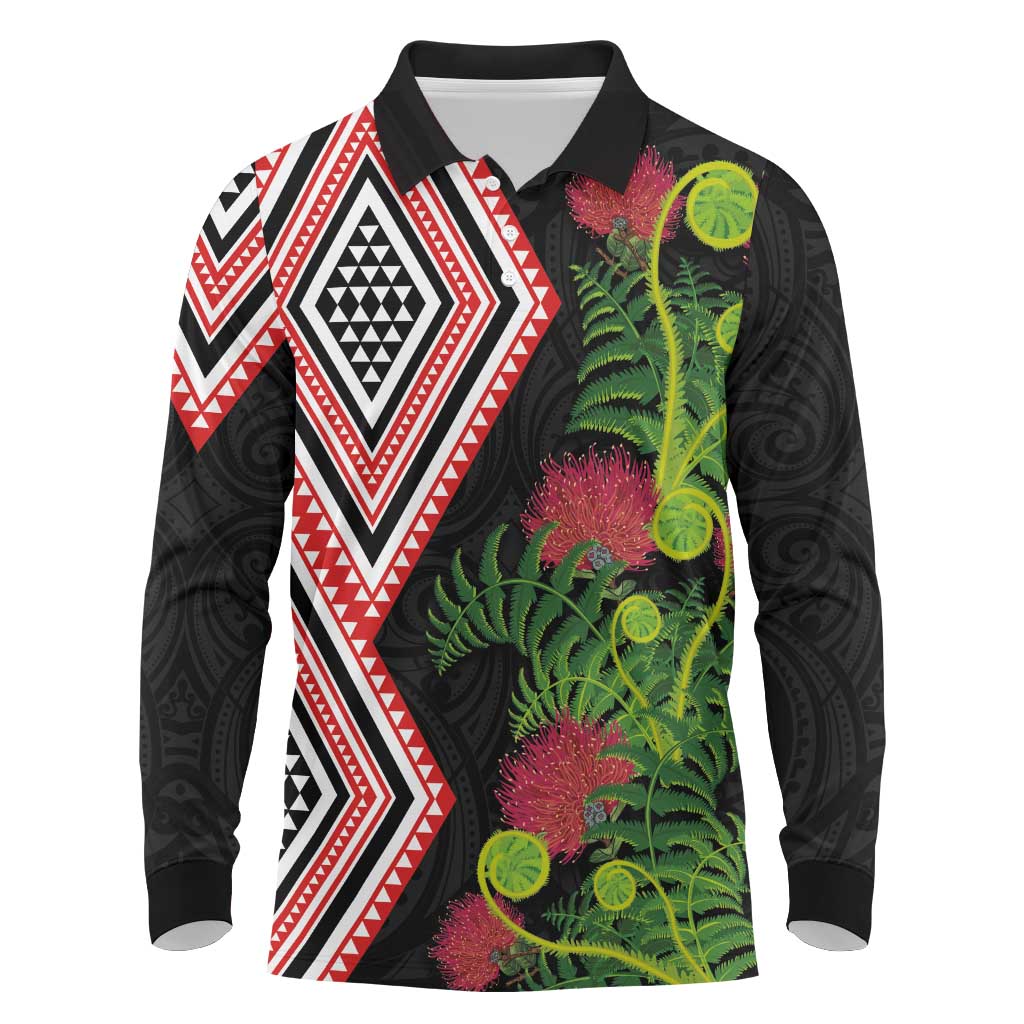 Aotearoa Tukutuku Motif Long Sleeve Polo Shirt Pohutukawa and Fern Leaves