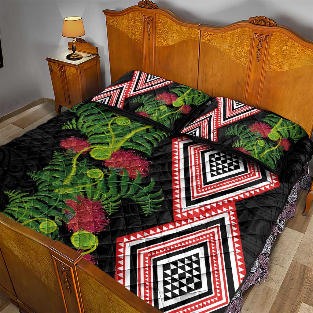 Aotearoa Tukutuku Motif Quilt Bed Set Pohutukawa and Fern Leaves