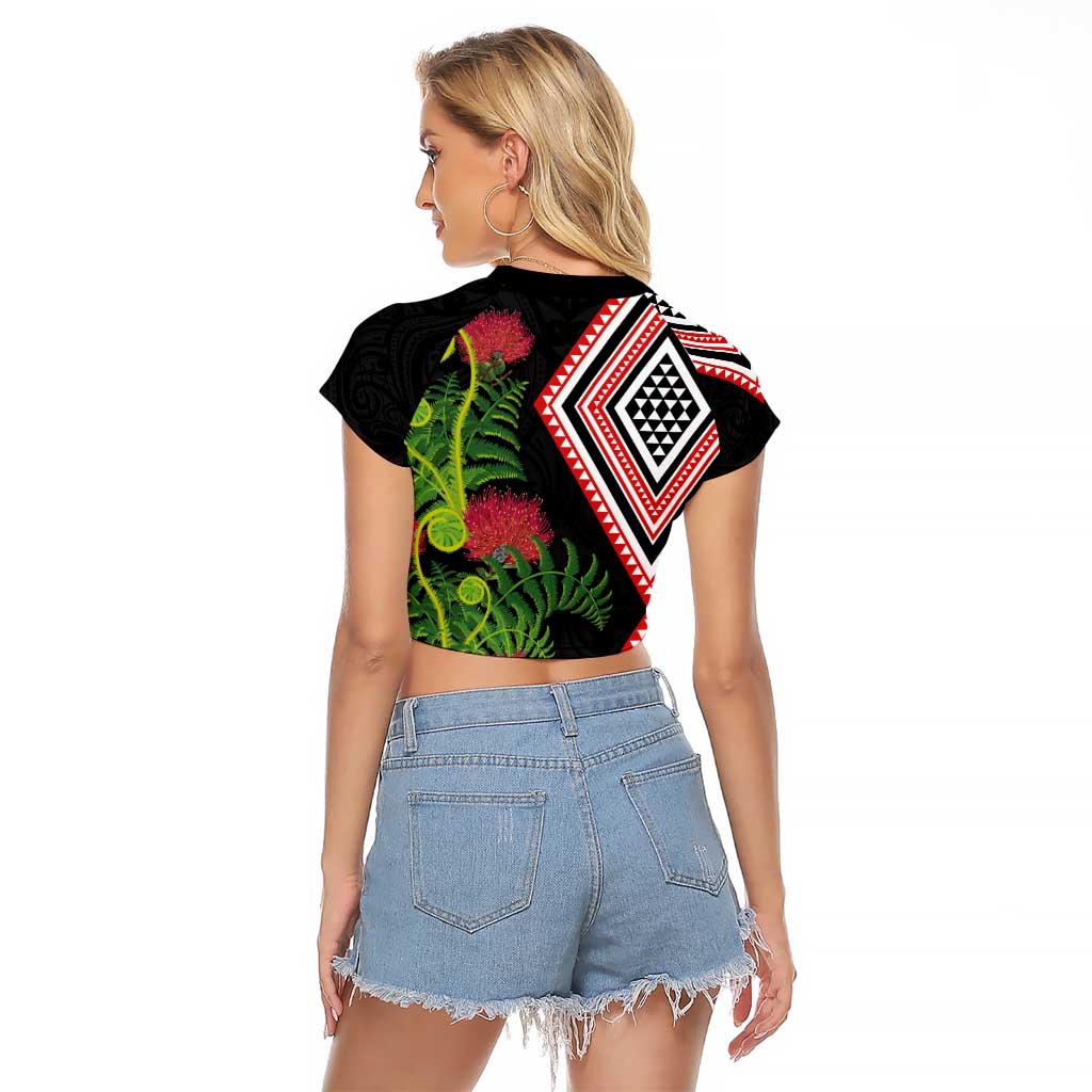 Aotearoa Tukutuku Motif Raglan Cropped T Shirt Pohutukawa and Fern Leaves