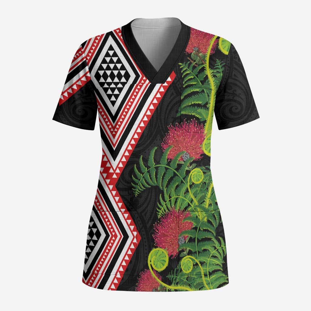 Aotearoa Tukutuku Motif Scrub Top Pohutukawa and Fern Leaves LT03 Adult Black - Polynesian Pride