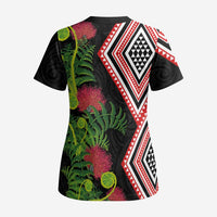 Aotearoa Tukutuku Motif Scrub Top Pohutukawa and Fern Leaves - Polynesian Pride