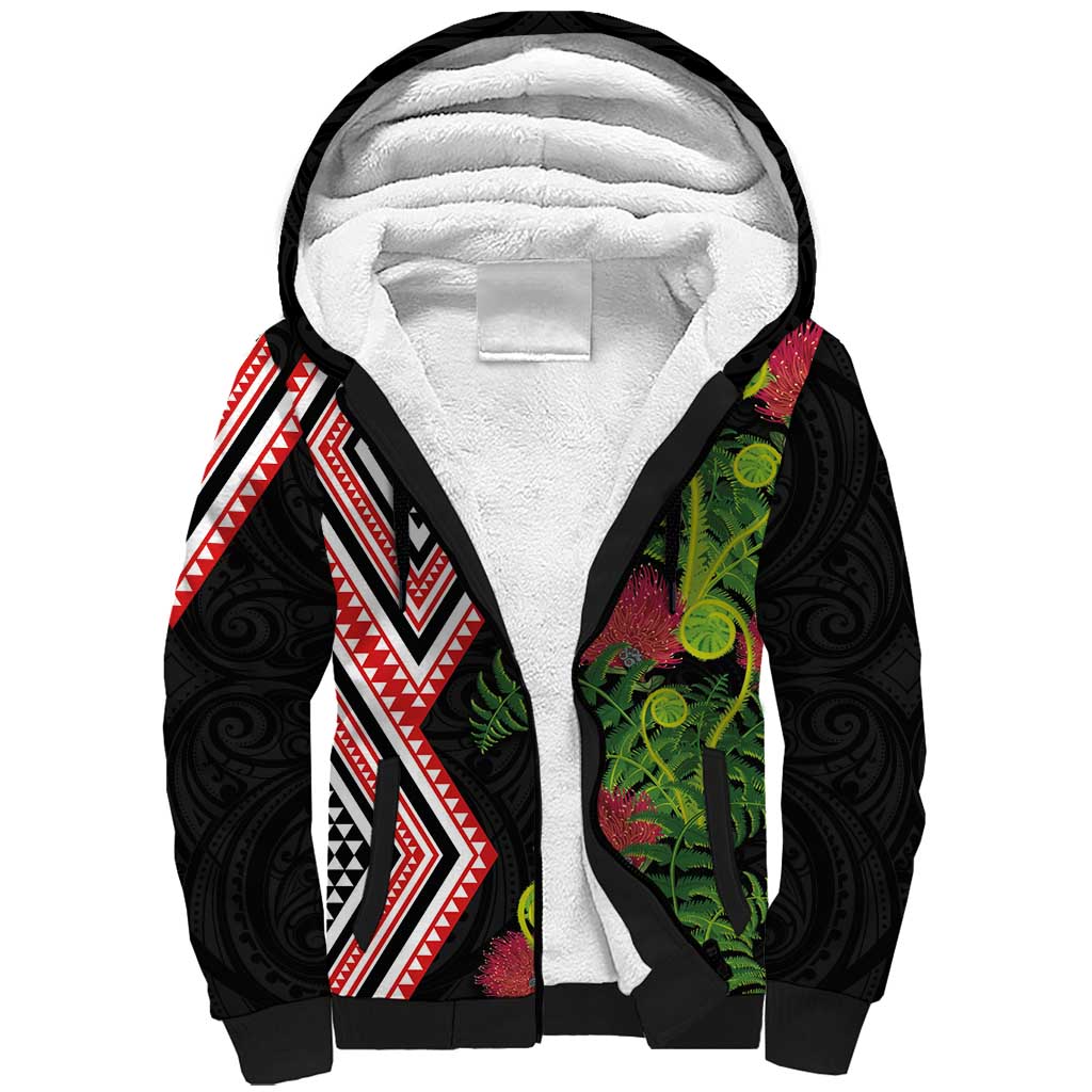 Aotearoa Tukutuku Motif Sherpa Hoodie Pohutukawa and Fern Leaves