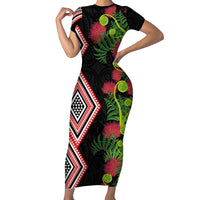 Aotearoa Tukutuku Motif Short Sleeve Bodycon Dress Pohutukawa and Fern Leaves
