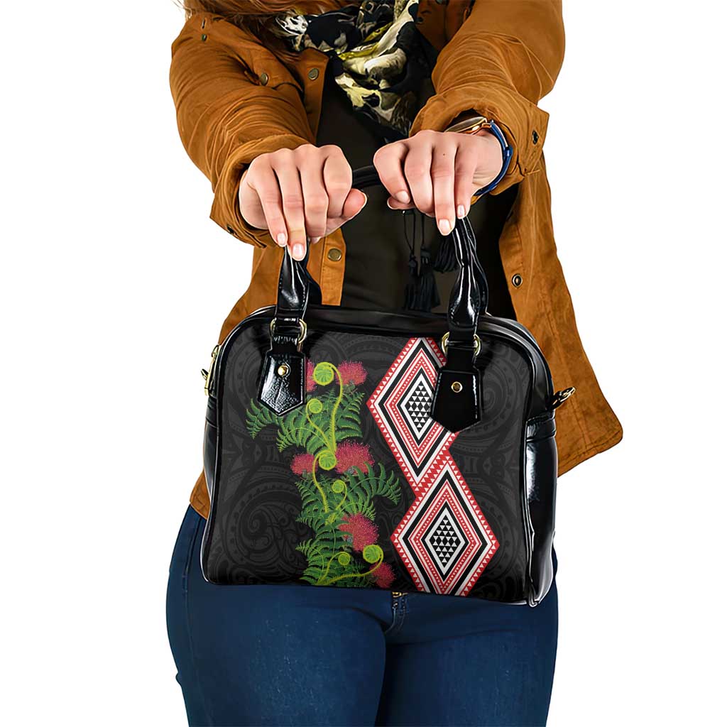Aotearoa Tukutuku Motif Shoulder Handbag Pohutukawa and Fern Leaves LT03 One Size Black - Polynesian Pride