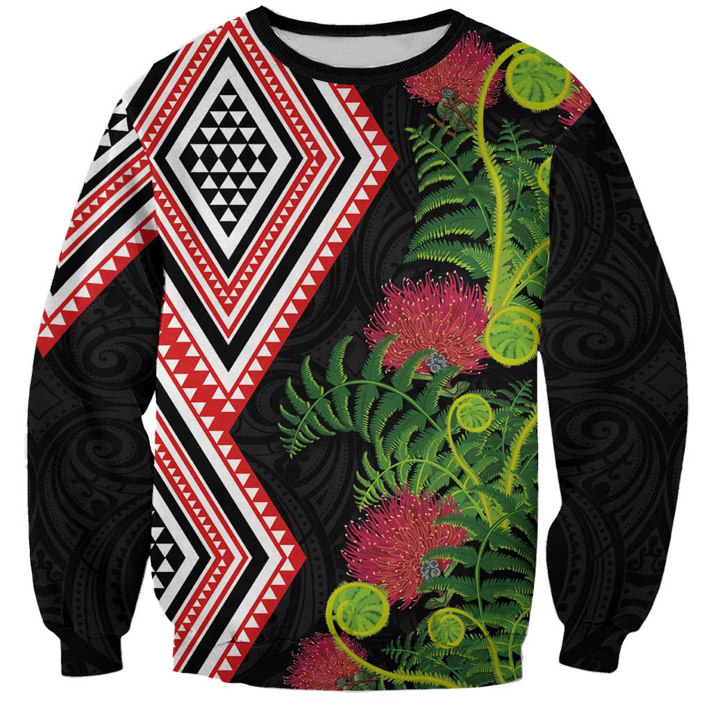 Aotearoa Tukutuku Motif Sweatshirt Pohutukawa and Fern Leaves
