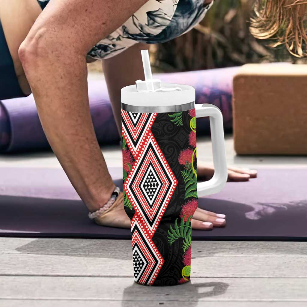 Aotearoa Tukutuku Motif Tumbler With Handle Pohutukawa and Fern Leaves