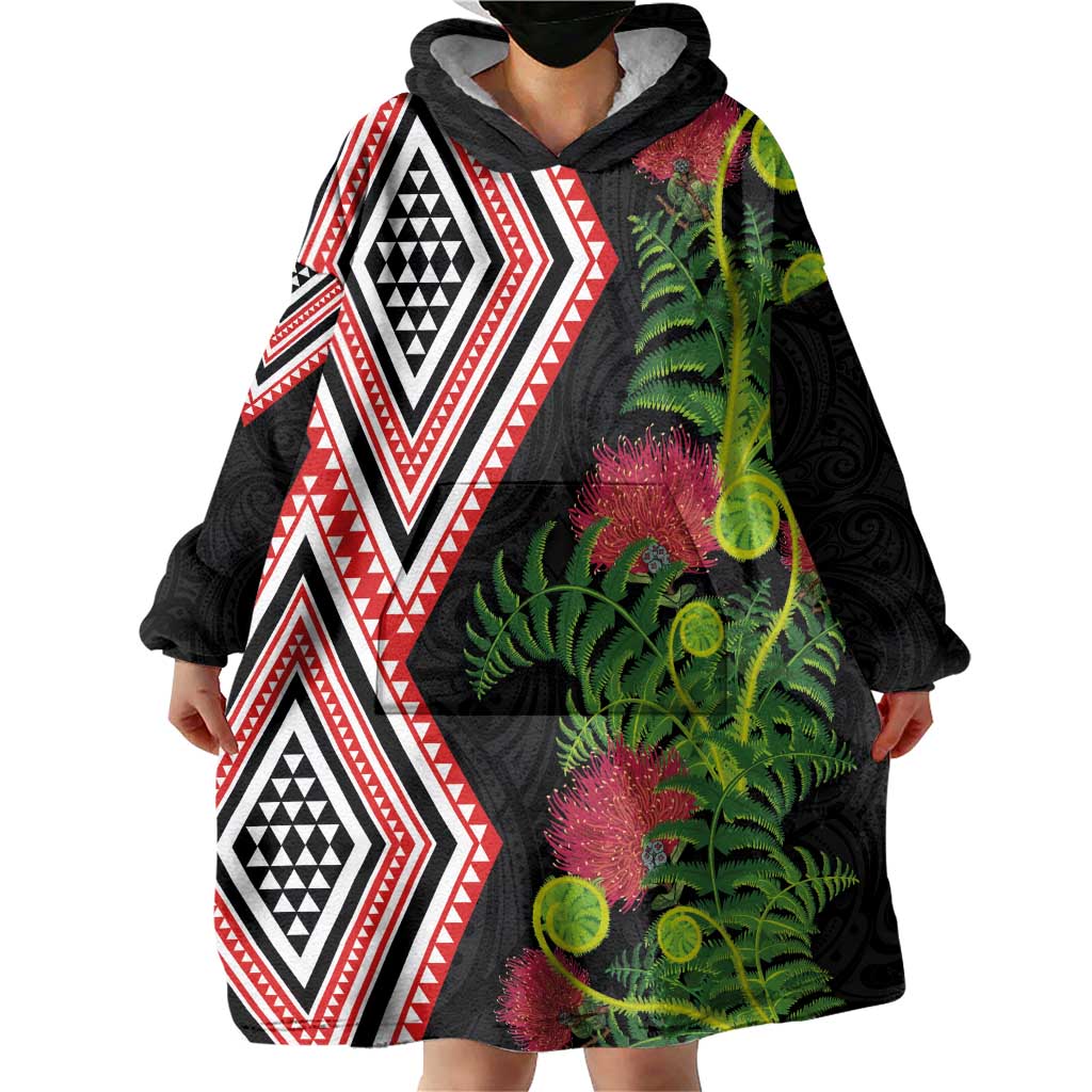 Aotearoa Tukutuku Motif Wearable Blanket Hoodie Pohutukawa and Fern Leaves