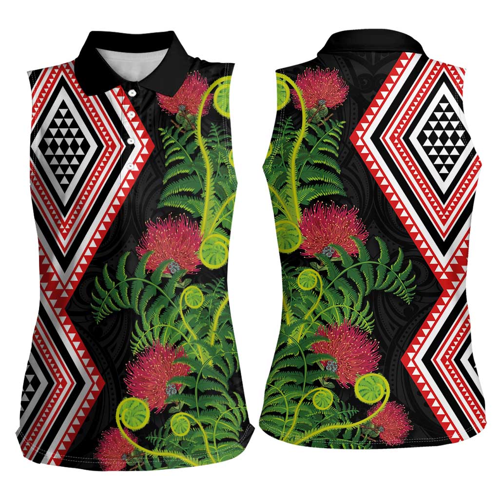 Aotearoa Tukutuku Motif Women Sleeveless Polo Shirt Pohutukawa and Fern Leaves