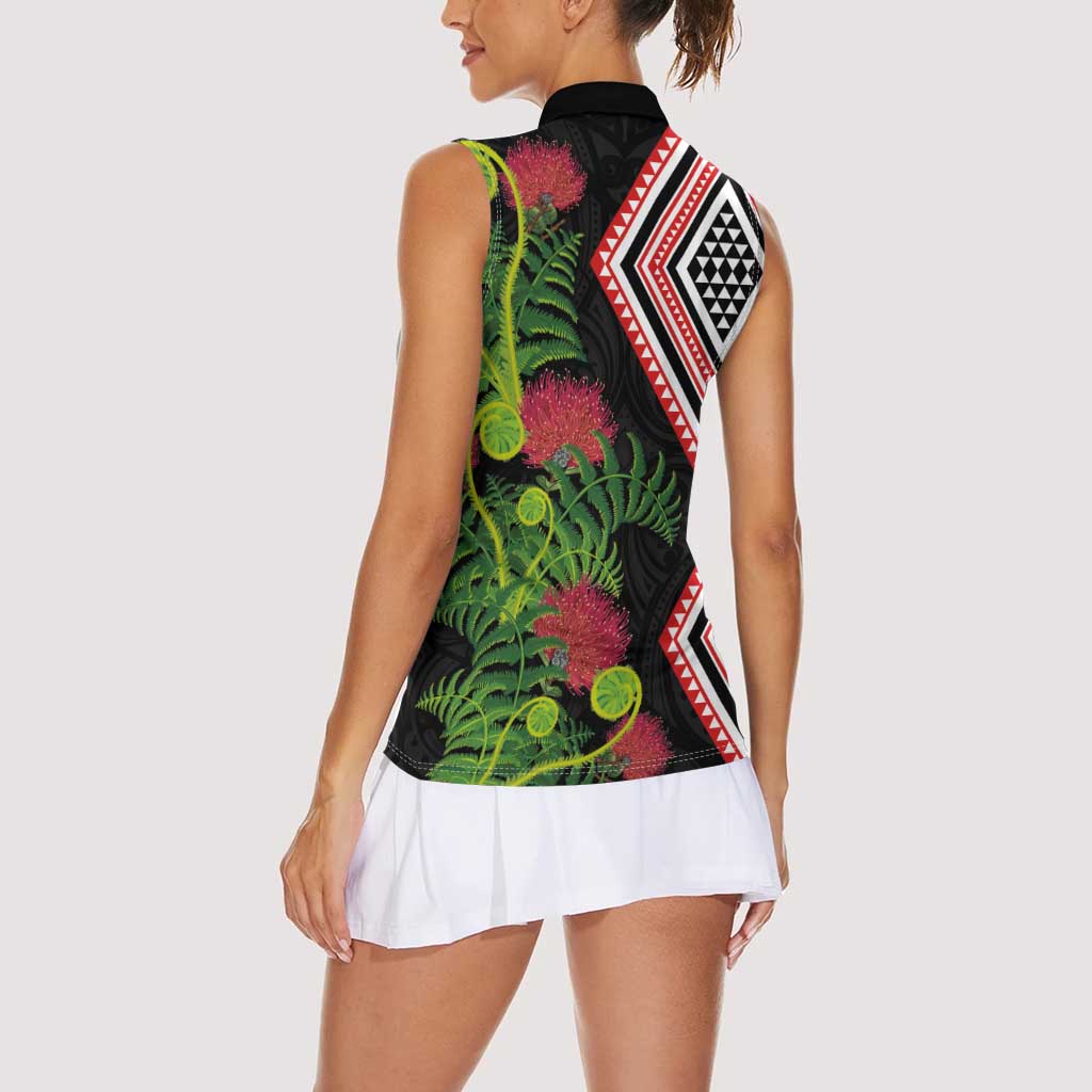 Aotearoa Tukutuku Motif Women Sleeveless Polo Shirt Pohutukawa and Fern Leaves