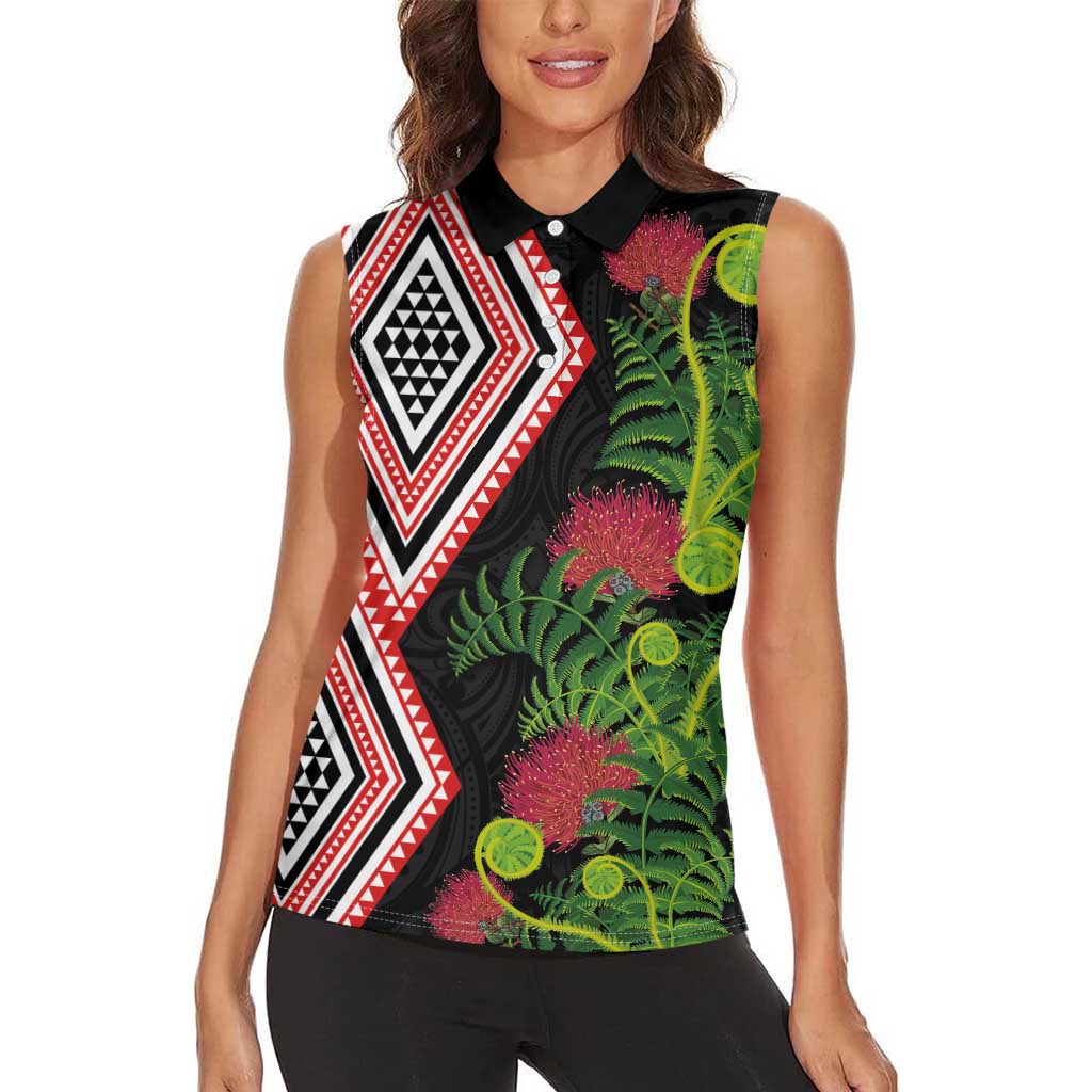 Aotearoa Tukutuku Motif Women Sleeveless Polo Shirt Pohutukawa and Fern Leaves