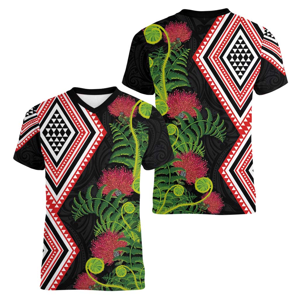 Aotearoa Tukutuku Motif Women V-Neck T-Shirt Pohutukawa and Fern Leaves