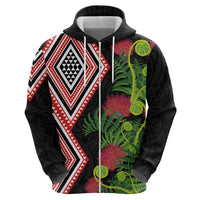 Aotearoa Tukutuku Motif Zip Hoodie Pohutukawa and Fern Leaves