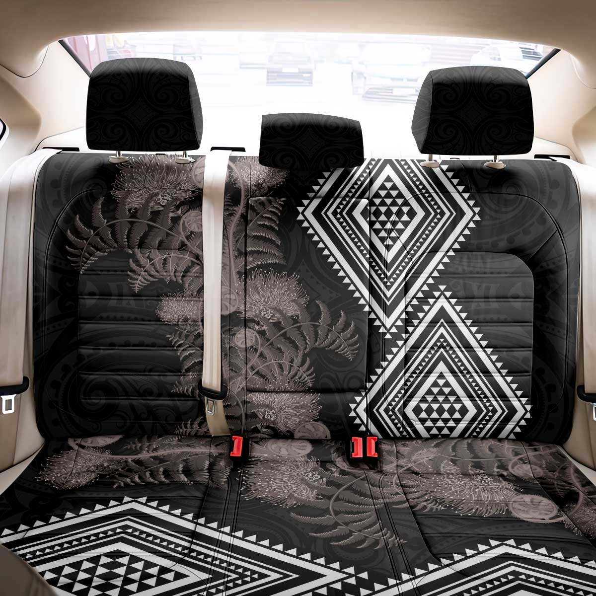 Aotearoa Tukutuku Motif Back Car Seat Cover Pohutukawa and Fern Leaves Grayscale Color
