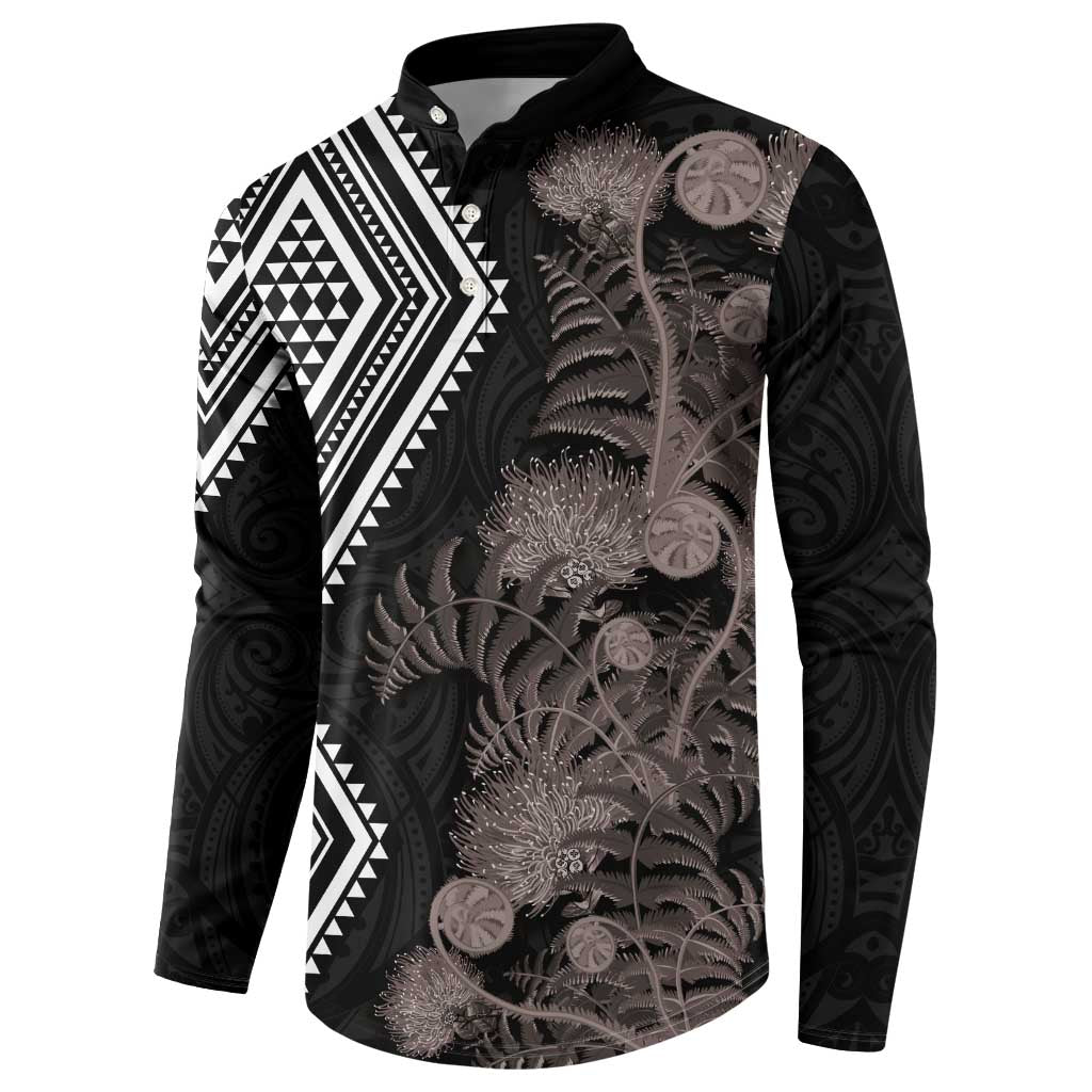 Aotearoa Tukutuku Motif Button Sweatshirt Pohutukawa and Fern Leaves Grayscale Color