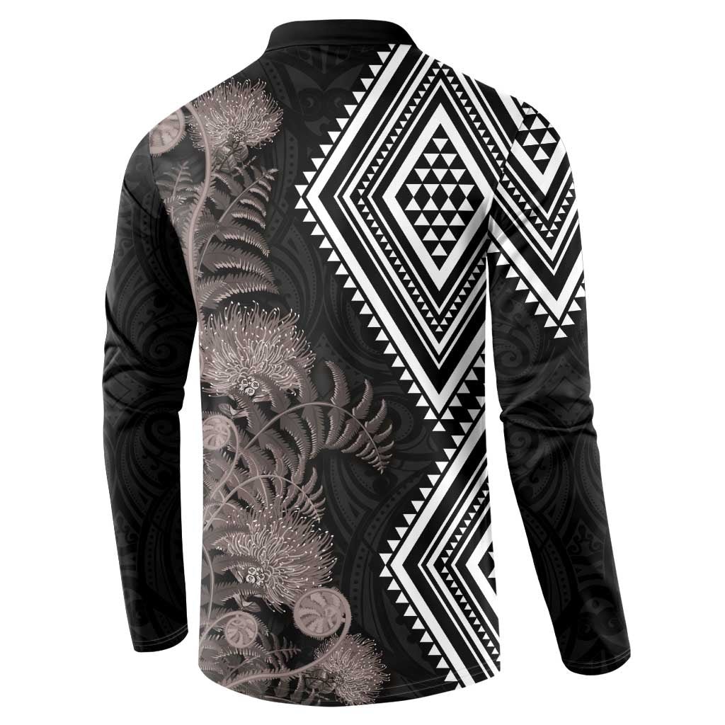 Aotearoa Tukutuku Motif Button Sweatshirt Pohutukawa and Fern Leaves Grayscale Color