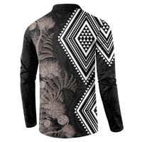 Aotearoa Tukutuku Motif Button Sweatshirt Pohutukawa and Fern Leaves Grayscale Color
