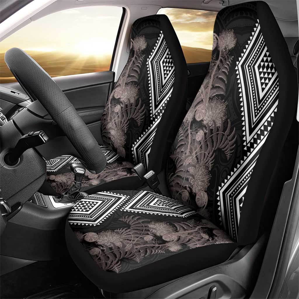Aotearoa Tukutuku Motif Car Seat Cover Pohutukawa and Fern Leaves Grayscale Color
