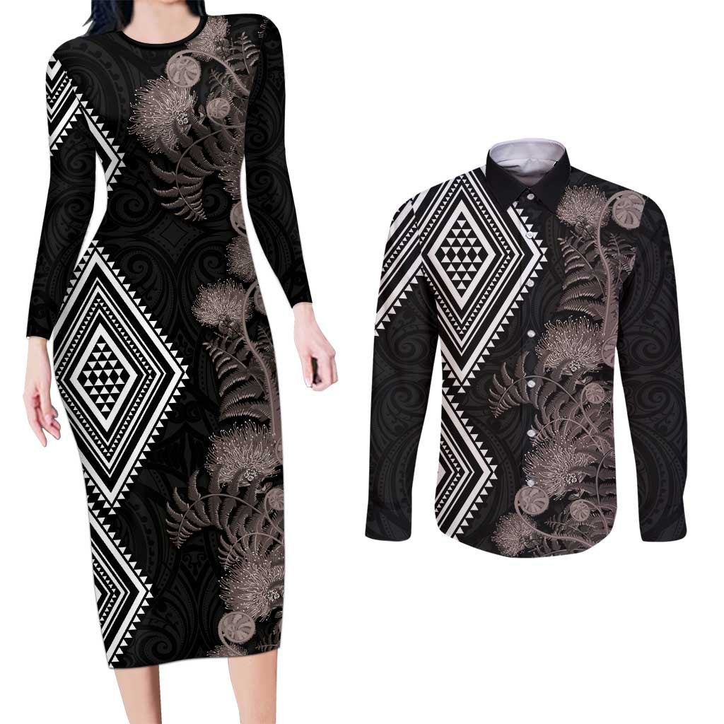 Aotearoa Tukutuku Motif Couples Matching Long Sleeve Bodycon Dress and Long Sleeve Button Shirt Pohutukawa and Fern Leaves Grayscale Color
