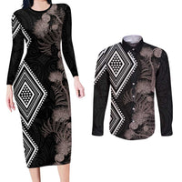 Aotearoa Tukutuku Motif Couples Matching Long Sleeve Bodycon Dress and Long Sleeve Button Shirt Pohutukawa and Fern Leaves Grayscale Color