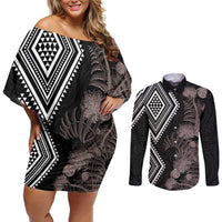 Aotearoa Tukutuku Motif Couples Matching Off Shoulder Short Dress and Long Sleeve Button Shirt Pohutukawa and Fern Leaves Grayscale Color