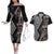 Aotearoa Tukutuku Motif Couples Matching Off The Shoulder Long Sleeve Dress and Hawaiian Shirt Pohutukawa and Fern Leaves Grayscale Color